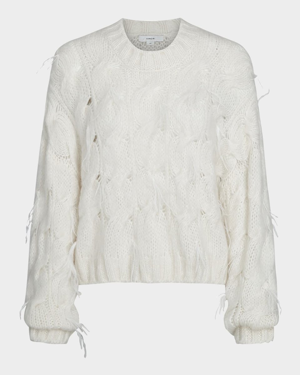 Feather Embellished Cable-Knit Sweat